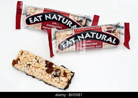 Eat Natural three Fruit, nut and chocolate healthy eating bars wrapped and unwrapped Stock Photo