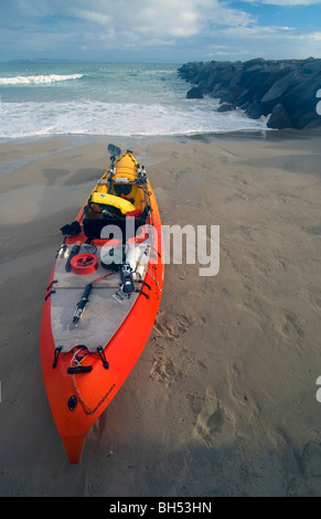 Kayak on beach ready to launch, Noosa Main Beach, Sunshine Coast, Queensland, Australia. No PR Stock Photo