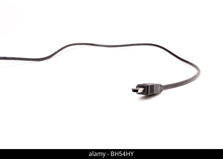 Black Mini USB Cable close up isolated against white background. Stock Photo