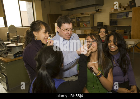 Middle school technology class works with cell phones, ipads and other hand held devices as well as computers in Freeport, NY Stock Photo