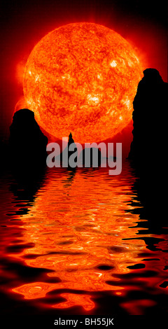 Sun reflected in prehistoric lake and huge rocks Stock Photo