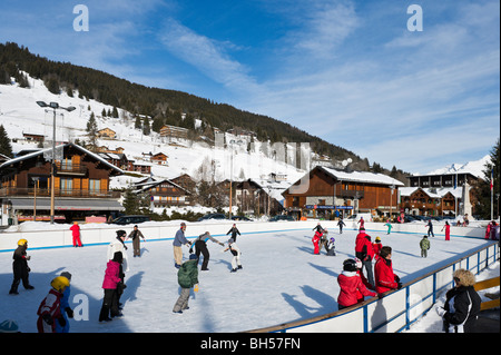 Skating rink in the centre of the resort of Les Gets, Portes du Soleil Ski Region, Haute Savoie, France Stock Photo