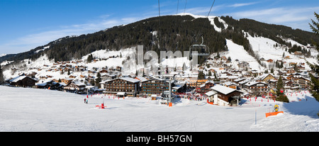 Panoramic view over the resort from the slopes in the resort centre, Les Gets, Portes du Soleil Ski Region, Haute Savoie, France Stock Photo