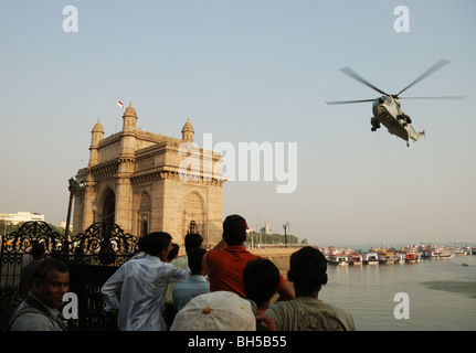 Helicopter at Gateway of India, Mumbai, India. Stock Photo
