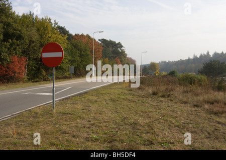 A28 Highway exit with no-entrance road sign Stock Photo