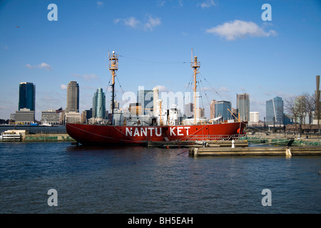 The Nantucket Lightship (WLV-612) docked at the North Cove Marina in Manhattan outside the World Financial Center. Stock Photo