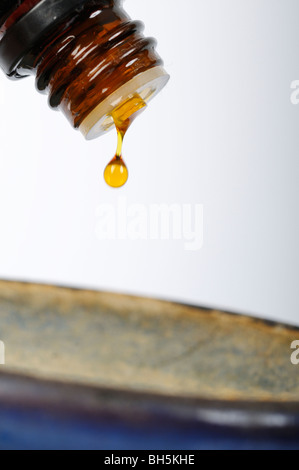 Stock photo of a drop of essential oil being poured into a burner. Stock Photo