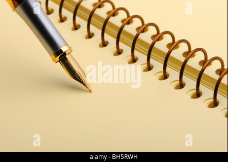Fountain pen on a yellow notebook. Photo closeup Stock Photo