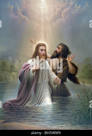 Print c1873 entitled 'The Baptism of Christ' and showing Jesus being baptised by John the Baptist in the Jordan River. Stock Photo