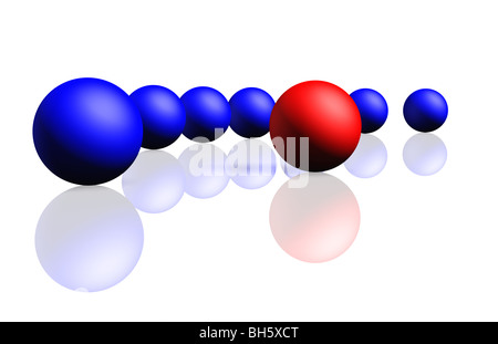 Unique red sphere with a row of dark blue spheres. Reflection, a soft shadow is isolated on a white background, Stock Photo