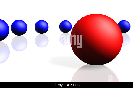 Unique red sphere with a row of dark blue spheres. Reflection, a soft shadow is isolated on a white background, Stock Photo