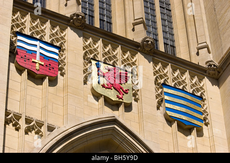 Shields on the East Face of the Wills Memorial Building, Queen's Road, University of Bristol, Clifton, Bristol, England. Stock Photo