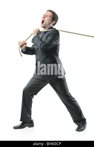 man pull rope isolated on white background Stock Photo - Alamy