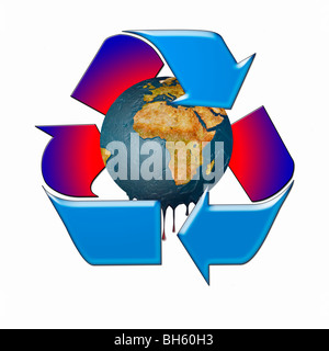 Global Warming, represented by a Melting Planet Earth within a Recycle Symbol Stock Photo
