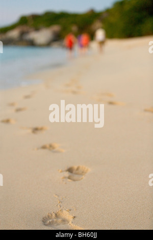 Footprints on a tropical Caribbean beach and tourists in the background. Stock Photo