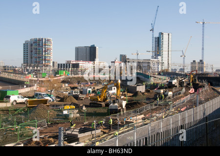 UK. Construction work at London 2012 Olympic Park, with views of village, stadium and swimming pool. 1 February 2010 Stock Photo