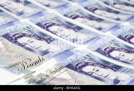 Rows of British twenty pound notes Stock Photo