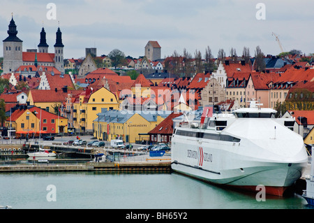 Destination Gotland high-speed ferry HSC Gotlandia in harbour at Visby, Gotland, Sweden Stock Photo