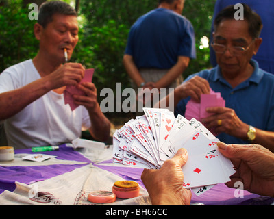 Chinese men playing cards in park in Shanghai Stock Photo