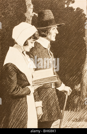 Puritan couple on way to church in 16th century.  Woman is reading The Bible. Stock Photo