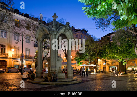 Park square in Bairro Alto in high quarter district above city of Lisbon at night, Portugal, Europe Stock Photo