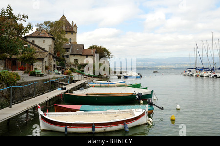 Yvoire mediaeval village harbour and castle on Lake Geneva, in the Haute Savoie, Rhone Alpes region of France Stock Photo