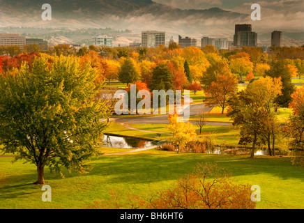 Idaho, Boise. Autumn scenic of Ann Morrison Park and downtown. Stock Photo