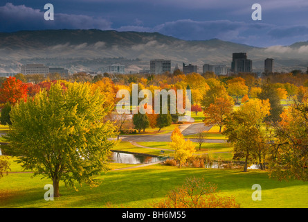 Idaho, Boise, Autumn scenic of Ann Morrison Park and downtown Stock Photo