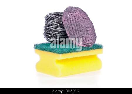 A Scouring Pad Sponge, a Steel Wool Soap Pad and a Stainless Steel Pad isolated on a white background Stock Photo