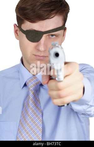 One-eyed robber threatens us with a pistol, isolated on a white background Stock Photo