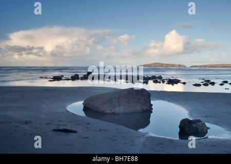 Rockpools with Cardigan Island, River Teifi estuary, St Dogmaels, Pembrokeshire, Wales, United Kingdom Stock Photo