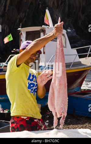 Fisherman salting his catch at the village of Camara de Lobos near Funchal, Madeira Stock Photo