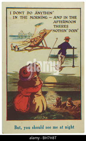 Vintage postcard comic beach scenes with text from early 1900s Stock Photo