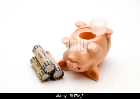 piggy bank and rolled coins Stock Photo