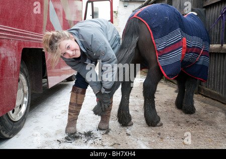 A teenage girl grooming her pet pony and trimming its tail, Cambridgeshire, East Anglia, UK Stock Photo