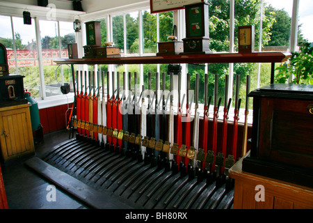 Signal box, showing all the levers which were used to change the points on the railway line.  Taken at Beamish in County Durham.