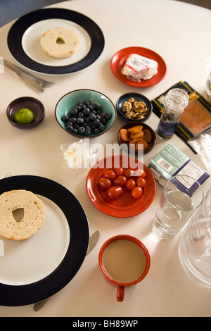 High angle view of food items and drinks arranged on a table Stock Photo