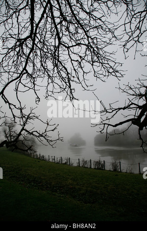 Looking out from Buccleugh Gardens to a misty Glovers Island in the middle of a River Thames, Petersham, London, UK Stock Photo