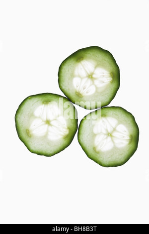 Three slices of an organic cucumber on a lightbox Stock Photo