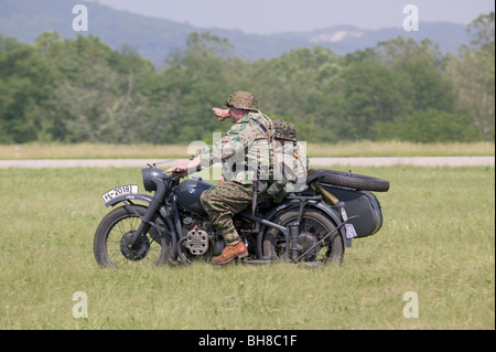 World War II German soldier on motorcycle, at Mid-Atlantic Air Museum World War II Weekend and Reenactment in Reading, PA Stock Photo