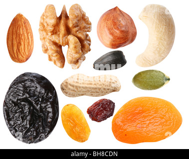 Close seeds and dried fruits on white background Stock Photo