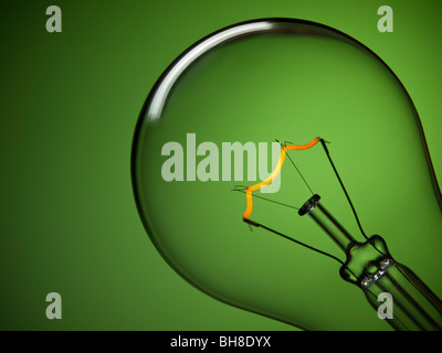 Close up on a turned on light bulb over a green background. Tungsten glowing filament.