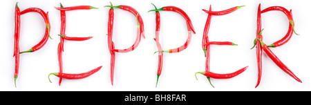 the word 'pepper' is written on the white of chilli peppers Stock Photo