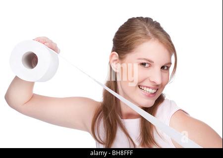 Full isolated studio picture from a young woman with toilet paper Stock Photo