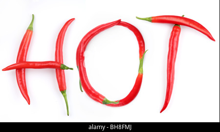 the word 'HOT' is lined with red chilli pepper Stock Photo