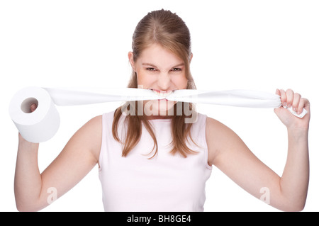 Full isolated studio picture from a young woman with toilet paper Stock Photo