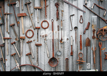 Tool display wall at Tule Lake Japanese Internment camp California hammers shovels wrenches Stock Photo