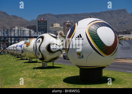 Replica of Jabulani and previous World Cup match balls on display in Cape Town South Africa Stock Photo