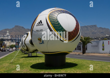 Replica of Jabulani and previous World Cup match balls on display in Cape Town South Africa Stock Photo