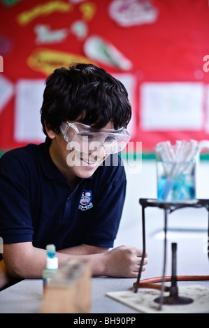 Young teenage boy in school science class , UK, wearing safety glasses, watching experiment Stock Photo